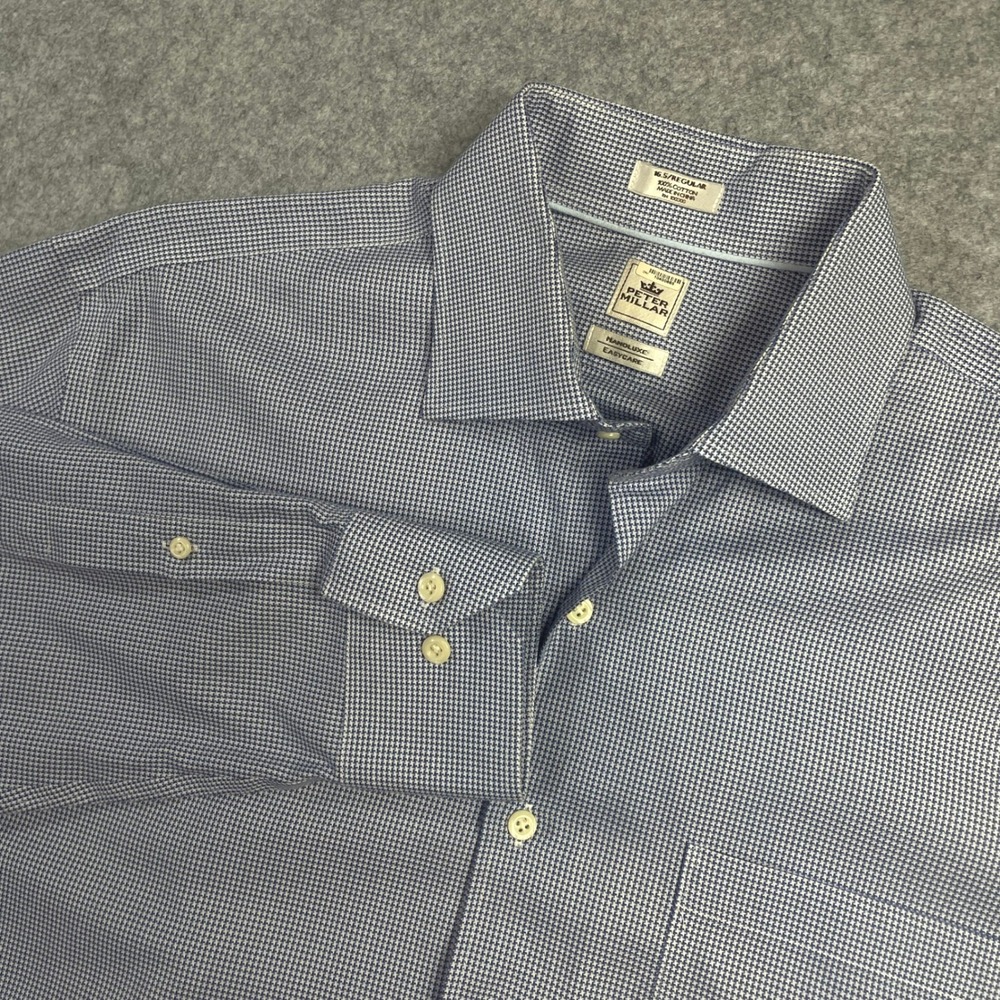 Peter Millar Nanoluxe Easycare Mens Button Up Shirt 16.5 / REGULAR Blue Down